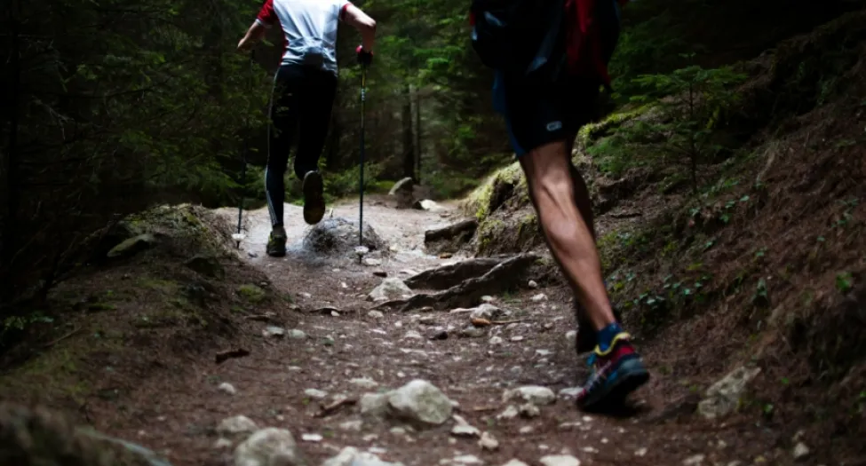 two people running in forest trail